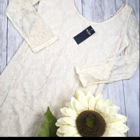 Hollister Lace Dress Neutral Nude Long Sleeve Mini Sexy Night Out Large NEW Hollister Lace Dress Neutral Nude Long Sleeve Mini Sexy Night Out Large NEW